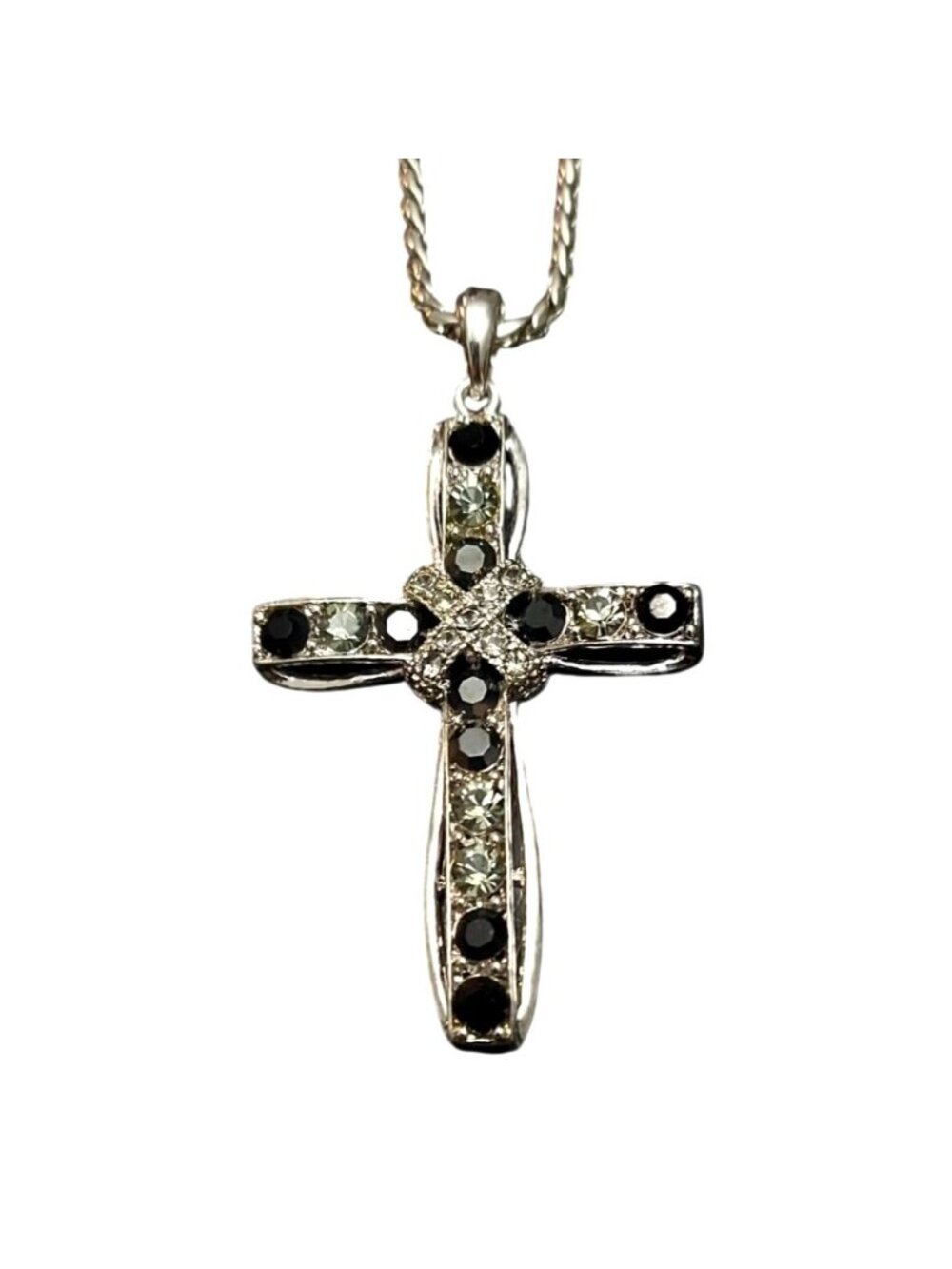 Silver Plated Cross Necklace 20" Black Clear Crystals Ribbon Style Pendant Gift